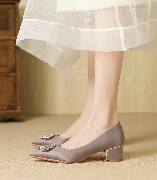 Soft Leather Black Pointed Toe Work Shoes Spring Autumn New Style Comfortable Thick Heel Professional Soft Bottom Shoes