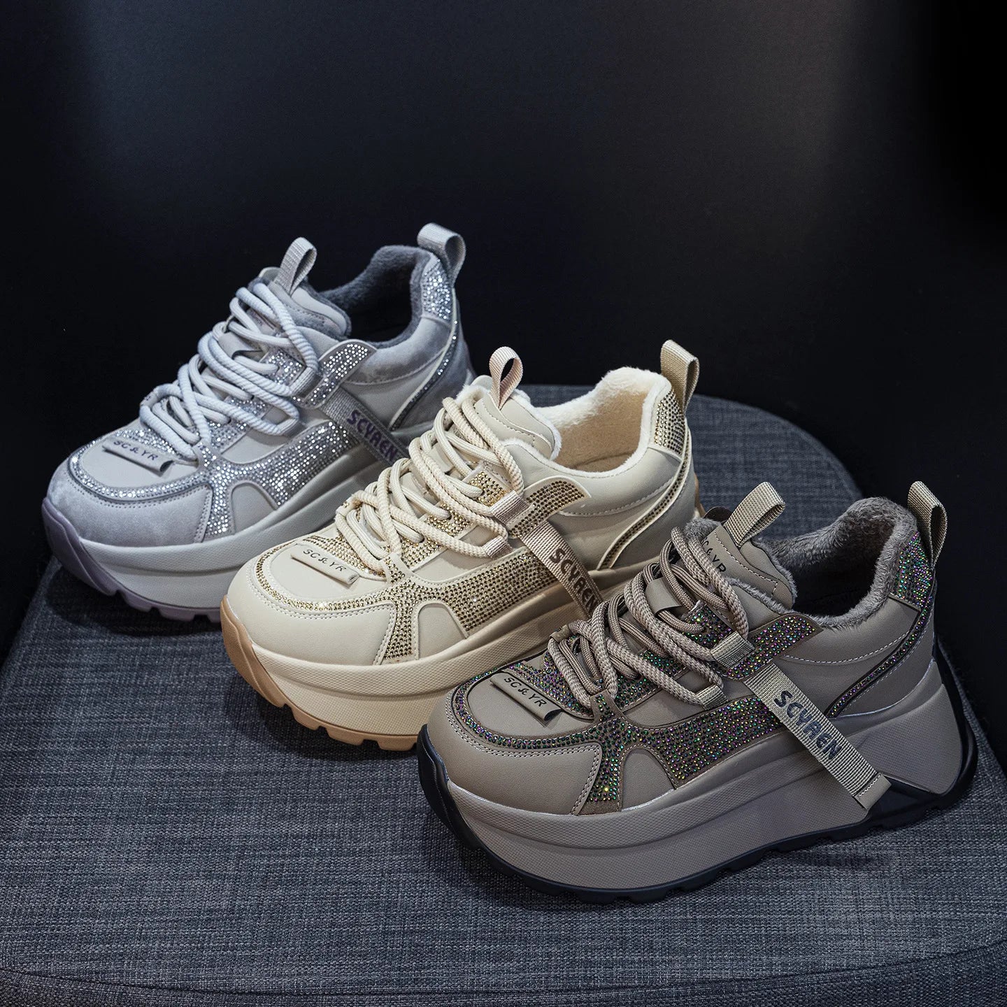 Chunky Sneakers Platform Heel Women Casual Shoes Leather Comfortable Walking Shoes Warm Fur Winter Shoes