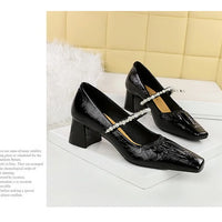 Heels Women Fashion CRYSTAL Pearl Pumps Square Toe Stripper Elegant Party Square Heel Ladies Shoes