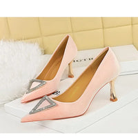 Designer Women Heels Prom Pumps Lady Velvet Pointed Toe 7cm Thin High Heels Pearl Crystal Buckle Shoes