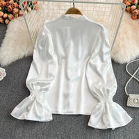 Luxury Ruffle Flared Sleeves Blouse Shirts Women  Retro Blouse Stand Collar French Design Chic Loose Top