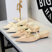 French Wedge Heel Pointed Head Sandals Versatile Bow Medium Heel Half Slippers Women