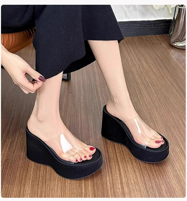 Thick Heel Platform Sandals Women's Summer Casual round Head PVC Material Beach Slippers Transparent Strap Casual Slip-On Shoes