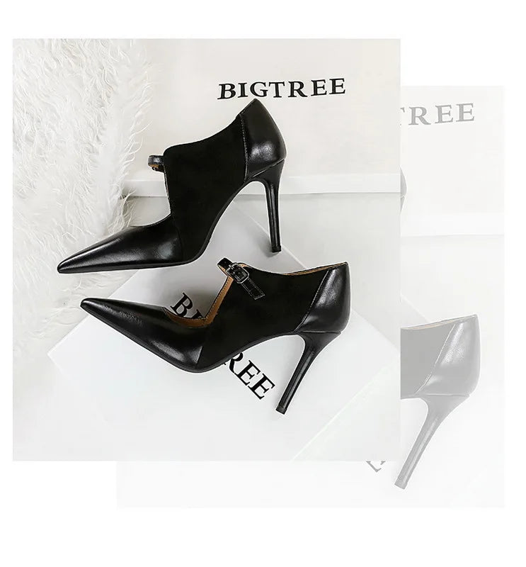 Women Pumps Suede and PU Leather Design Retro High Heels Ladies Shoes Stilettos Women Heels