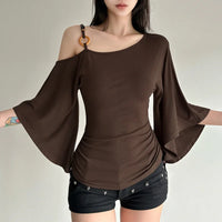 Retro Spice Girl T-shirt Collar Pleated Off Shoulder Beaded Slanted Short Sleeved Summer Casual Slimming Fit Top for Women