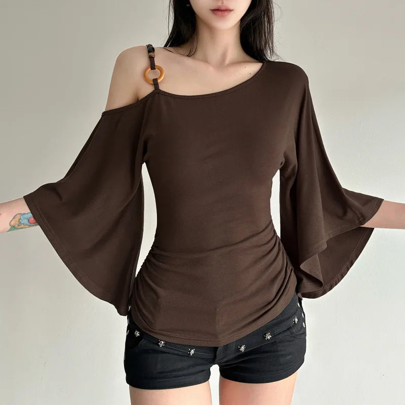 Retro Spice Girl T-shirt Collar Pleated Off Shoulder Beaded Slanted Short Sleeved Summer Casual Slimming Fit Top for Women