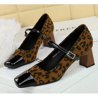 Leopard Print Women Pumps Suede Middle Heel Shoes Sexy Mary Jane Shoes Rhinestone Buckle Ladies Shoe Square Head
