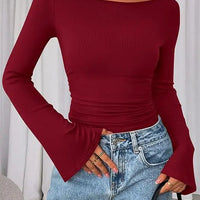 European and American Solid Color Boat Collar Flared Sleeve T-shirt for Women 2025 Autumn Slim Fit Pleated Slim Top Long Sleeves Natalia Home Fashion    Natalia Home Fashion
