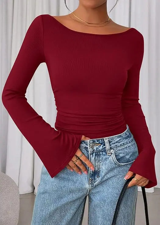 European and American Solid Color Boat Collar Flared Sleeve T-shirt for Women 2025 Autumn Slim Fit Pleated Slim Top Long Sleeves Natalia Home Fashion    Natalia Home Fashion