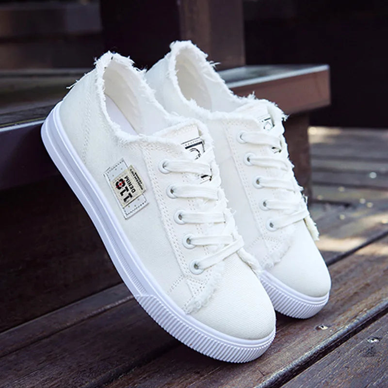 Women Canvas Sneaker Low Top Denim Sneakers Ladies Lace-Up Flat Canvas  Board Shoes Female