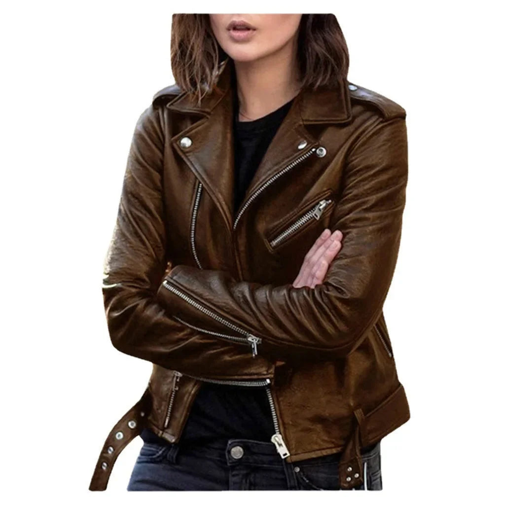 Women's Short Biker Style PU Leather Jacket Slim Fit Winter Coat Female Fashion Outerwear Coat - Natalia Home Fashion