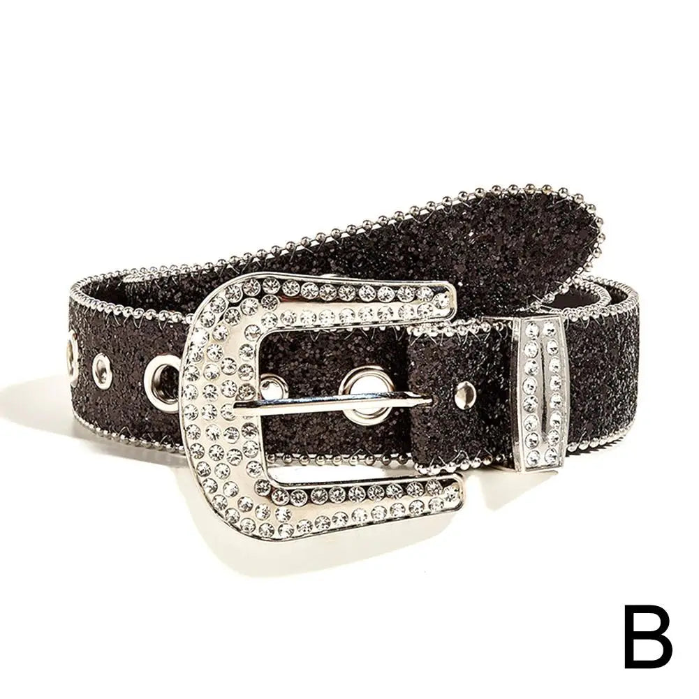 Skull Rivet Rhinestone Bb Belts Trendy Solid Color Sparkling PU Leather Belt Cowboy Cowgirl Jeans Pants Belt For Women Girls Natalia Home Fashion   Black-CN Natalia Home Fashion