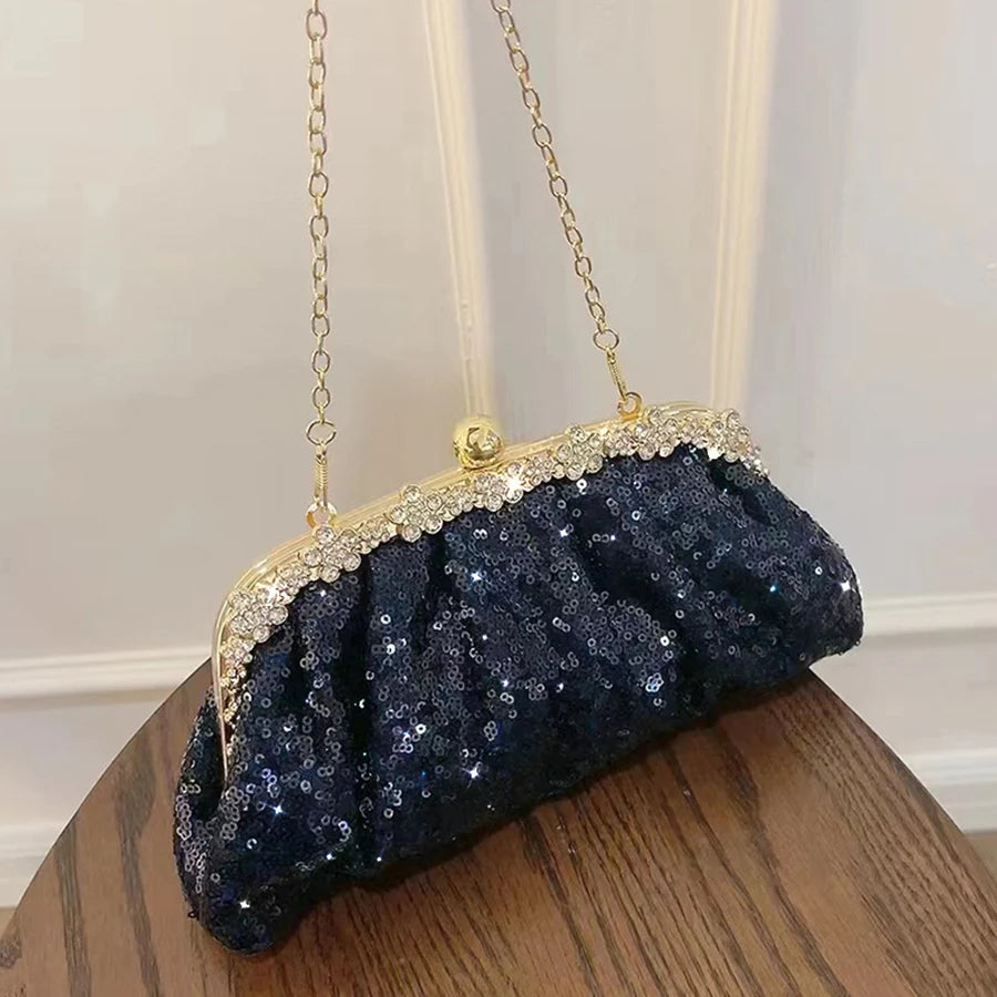Fashion Sequins Bead Evening Bag Crystal Women Shell Clip Bags Blue Dinner Party Day Diamond Clutch Handbag Chains Shoulder Bags