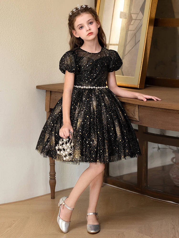 Starry Sky Dress For Girls Black Short Dress Holiday Party Birthday Fluffy Veil Dress