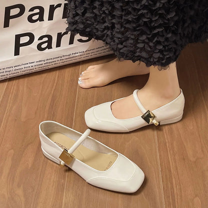 Women Mary Jane Shoes French Retro Square Toe Low Heels Shoes Women's Comfortable Ballet Shoes