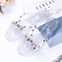 Women Jelly Slippers Rivets Studs Bow-Knot Leisure Daily Flip-Flops For Raining Days Anti-Slip Flat Slippers