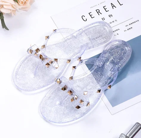 Women Jelly Slippers Rivets Studs Bow-Knot Leisure Daily Flip-Flops For Raining Days Anti-Slip Flat Slippers