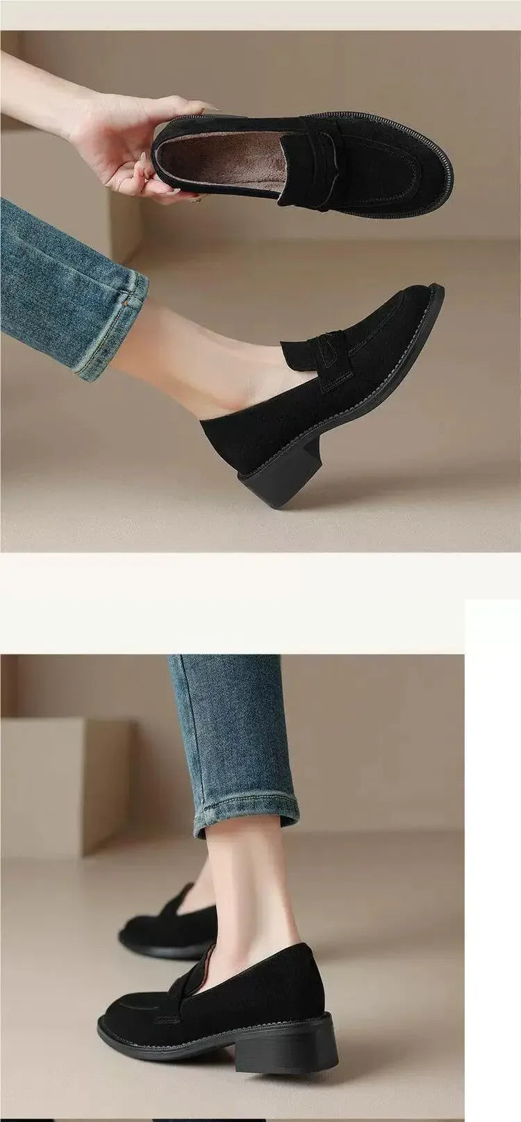 British Style Fleece Lined Chunky Heel Loafers Women's Shoes Retro French Vintage Leather Casual Shoes Rubber Sole Adult Footwear