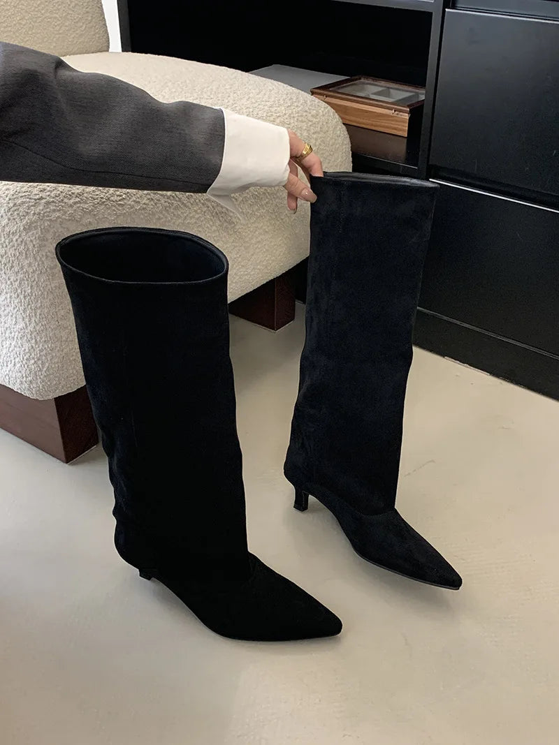 Street Style Pointed Toe Knee-High Boots Women Low Heels Shoes Female Long Booties Women Shoes