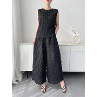 Handmade Pleated Set Women Summer New Sleeveless Vest Top Flared Pants Comfortable Casual Loose Large Size with Stretchy Natalia Home Fashion    Natalia Home Fashion