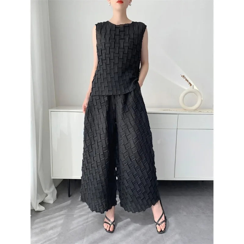 Handmade Pleated Set Women Summer New Sleeveless Vest Top Flared Pants Comfortable Casual Loose Large Size with Stretchy Natalia Home Fashion    Natalia Home Fashion