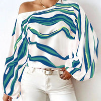 Elegant Printed Sleeve Shirt Independent Station Cross-Border Women's Long Sleeve One-Shoulder Loose Top Commute Style