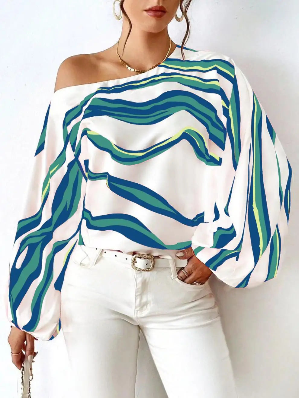 Elegant Printed Sleeve Shirt Independent Station Cross-Border Women's Long Sleeve One-Shoulder Loose Top Commute Style