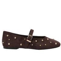 Round Toe Rivets Women Mary Jane Shoes Brown Faux Suede Metal Belt Non-slip Soft Sole Retro Design Ladies Flats