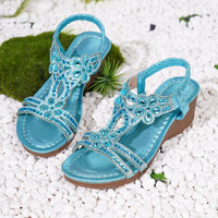 Bohemian Style Thick Heel Sandals Summer Fashion Beach Diamond Women's Shoes round Head Roman Style PU Leather Roman Sandals