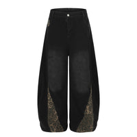 Retro Leopard Print Patchwork Baggy Jeans Men Women High Waist Wide Leg Washed Denim Pants Trousers Natalia Home Fashion    Natalia Home Fashion