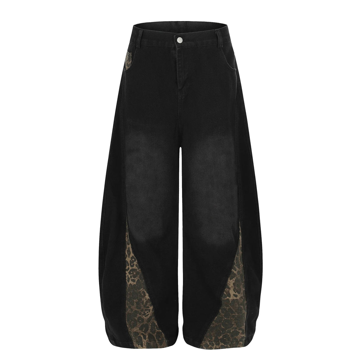 Retro Leopard Print Patchwork Baggy Jeans Men Women High Waist Wide Leg Washed Denim Pants Trousers Natalia Home Fashion    Natalia Home Fashion