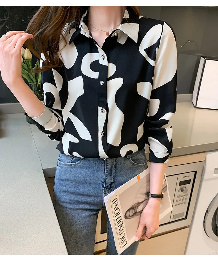 Elegant Long Sleeve Floral Print Chiffon Shirt Women's Versatile High-End Fashion Top Spring City Style Commute Shirt