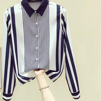 Office Lady Turn-down Collar Straight Loose Button Dress Shirts Blue Striped Long Sleeve Blouses Spring Thin Women's Clothing