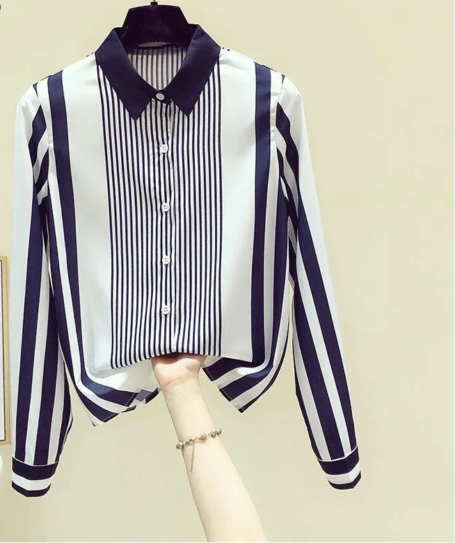 Office Lady Turn-down Collar Straight Loose Button Dress Shirts Blue Striped Long Sleeve Blouses Spring Thin Women's Clothing
