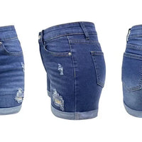 Summer A- Line Women's Denim Shorts High-Waisted Slimming Wide-Leg Rolled Edge Casual Style Blue Stretch Jeans