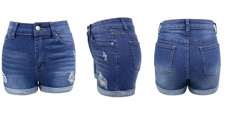 Summer A- Line Women's Denim Shorts High-Waisted Slimming Wide-Leg Rolled Edge Casual Style Blue Stretch Jeans