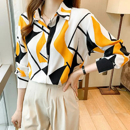 Women Temperament Print Shirt Long Sleeve Fashion Loose Shirts Ladies Lightweight Work Blouse