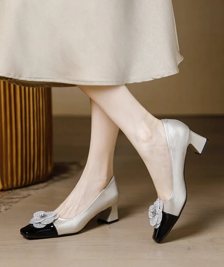 Rhinestone Camellia Flower Women's Shoes Square Toe Thick Heels 5cm Ladies Pumps Party Shoes