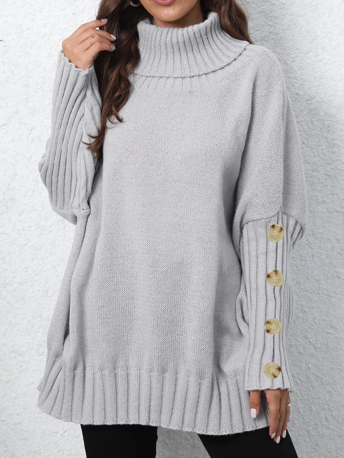 Loose Knitted High Collar Turn-down Collar Sweater for Women Full Sleeve Polyester Fiber Cross-Border Fashion Decorative Button