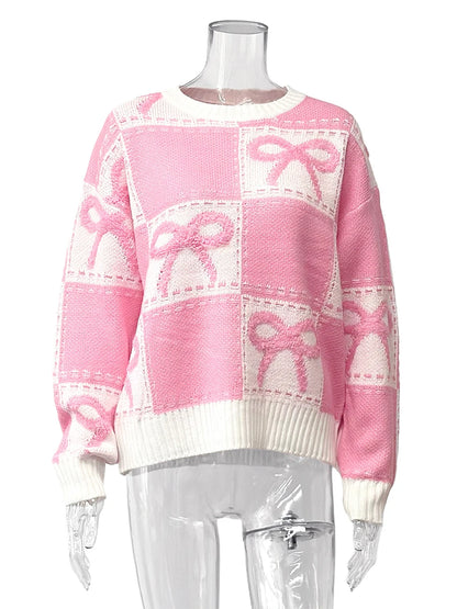 Loose Pink Bow Women's Sweater Fashion O-Neck Long Sleeve Sweater Lady Elegant Chic Pullover Top Female Clothing