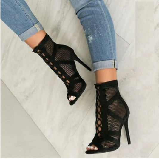 Women's High Heels Pumps Fashion Basic Sandals Boots Lace-Up Cross-Tied Hollow out Mesh Party Shoes