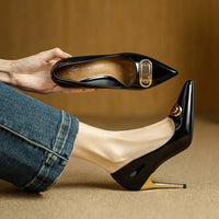 French Style Single Shoes Spring Women Pumps New Pointed Toe Shallow Mouth Metallic Buckle Commuting Shoes Stiletto Single Shoes