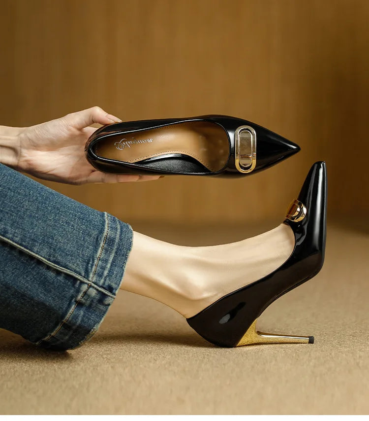 French Style Single Shoes Spring Women Pumps New Pointed Toe Shallow Mouth Metallic Buckle Commuting Shoes Stiletto Single Shoes