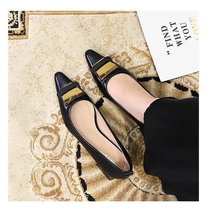Professional Women's Shoes With Shallow Mouth Small Square Toe Metal Buckle 4.5CM Thick Heel Shoes