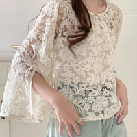 Round Neck Lace Shirt Women's Summer Floral Print Tie Dotted Cotton Blend Full Sleeve Slim Fit Button up Top