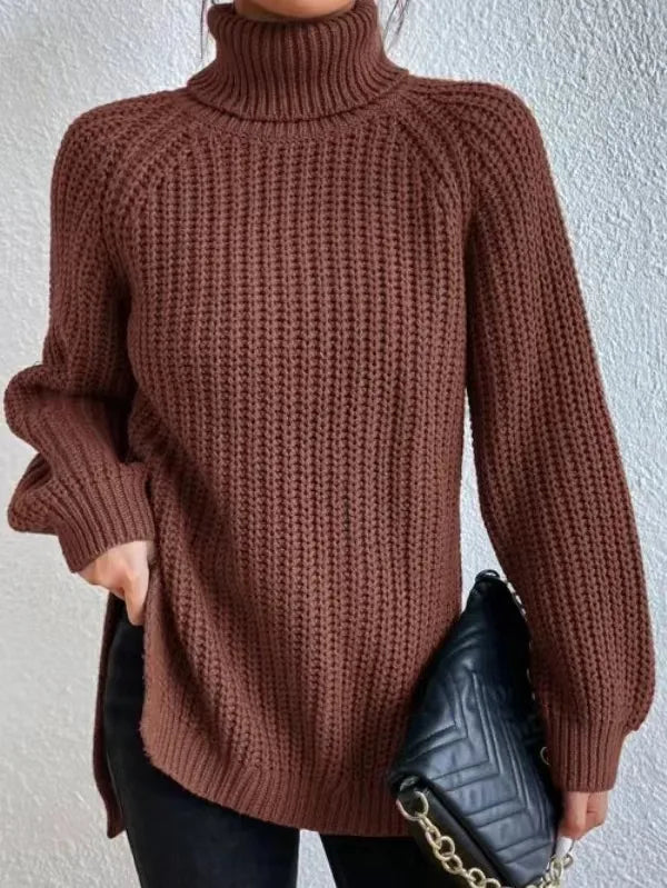 Turtlenecks Women Pullovers Mid-Long Casual Knit Sweater Fad Raglan Sleeves Side Slit Sweater New Skirt-style Jumper