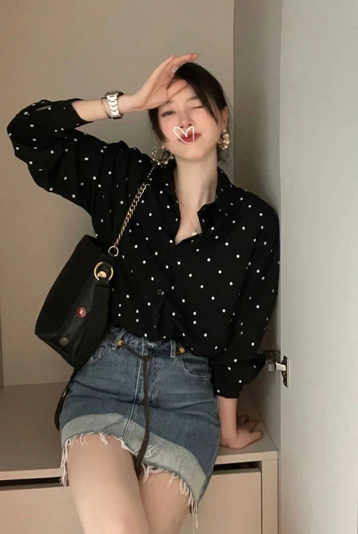 Chic Polka Dot Long Sleeve Shirt Women's Turn-down Collar French Style Simple Design Spring Summer New Arrival