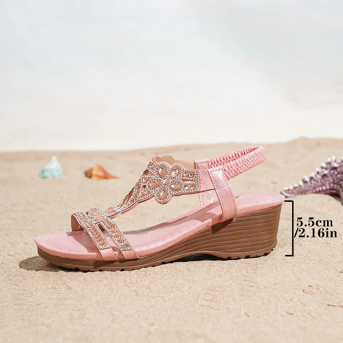 Bohemian Style Thick Heel Sandals Summer Fashion Beach Diamond Women's Shoes round Head Roman Style PU Leather Roman Sandals