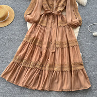 Elegant Hollow Out Organza Long Maxi Dresses Shirt Women  Layer Ruffle Full Sleeve Pearl Evening Party Dress