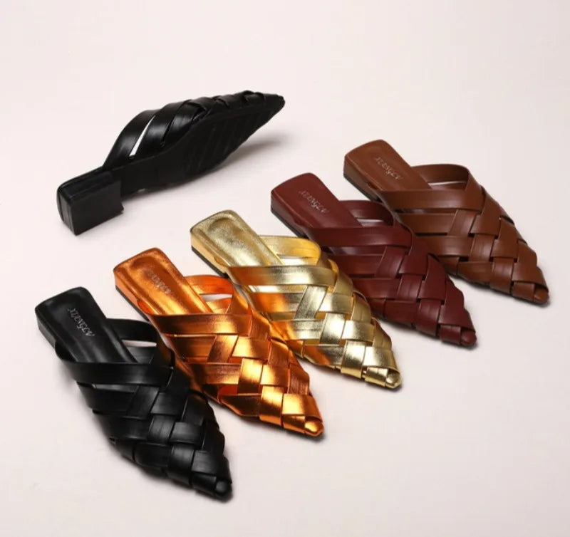 Hollow Woven Pointed Cool Slippers Women's Summer Thick Heel Outer Wear Bag Head Half Slippers Women Sandals